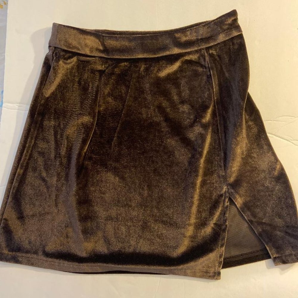 Pretty Garbage Velour Brown Mini Y2K Skirt with Front Side Slit, Size Small, NWT